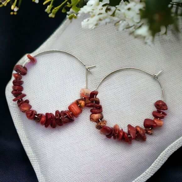 Boutique Jewelry - Red Coral Beaded Circle Hoop Earrings Bohemian Native Tribal Western Jewelry New
